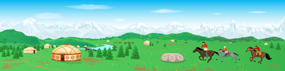 Central Asia's Nomadic Scene with Yurts, Mountains, summer landscape and riders Kyrgyz National competition Kok-Boru vector illustration
