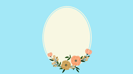 beautiful template, frame for photoshop in a romantic style. Oval with flower arrangement at the bottom on a blue background
