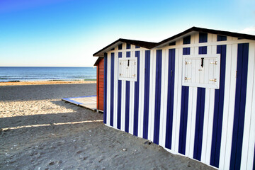 Striped beach hut on the El Campello beach