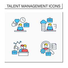 Talent management color icons set.Engagement,onboarding employees, career path, applicant tracking, Business Practice concept. Isolated vector illustrations