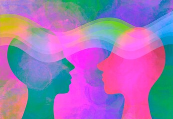Disegno grafico concettuale comunicazione con pensiero. Telepatia. Sulla stessa lunghezza d’onda 