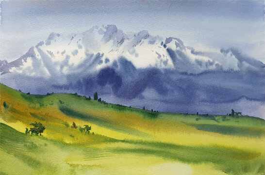 Watercolor landscape with mountains in the morning scene illustration