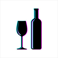 Bottle Of Wine And Glass Glitch Icon, Wineglass Glassware Icon
