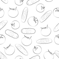 Seamless background with cucumbers and tomatoes. Black and white, linear.