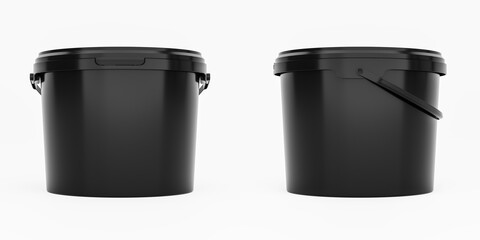 Black 3,5l plastic paint can / bucket / container with handle and no label, isolated on white background. - obrazy, fototapety, plakaty