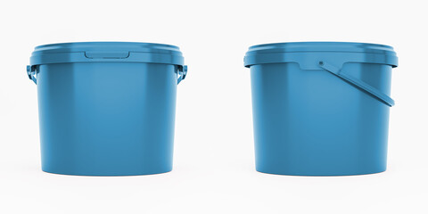 Blue 3,5l plastic paint can / bucket / container with handle and no label, isolated on white background.