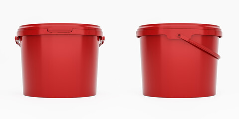 Red 3,5l plastic paint can / bucket / container with handle and no label, isolated on white background. © Adam V