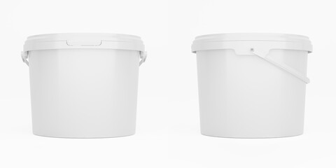 White 3,5l plastic paint can / bucket / container with handle and no label, isolated on white background. - obrazy, fototapety, plakaty
