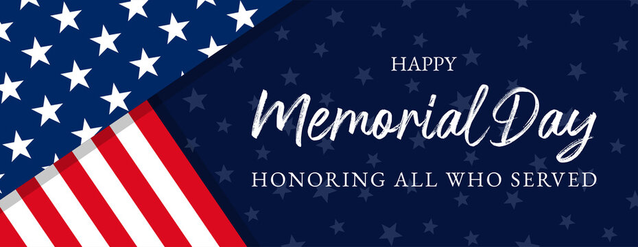 Vector of US Memorial Day celebration background banner or greeting card, with text and USA flag elements.