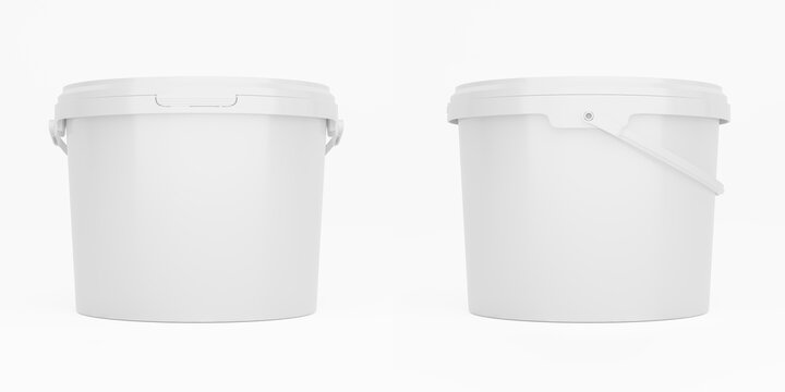 White 3,5l plastic paint can / bucket / container with handle and no label, isolated on white background.