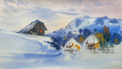 House in the top mountains watercolor amazing landscape illustration