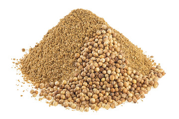 Close up of seeds and powder of coriander spice isolated on a white background
