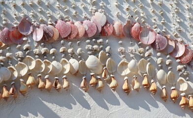 Fototapeta premium Mobile shells on a white concrete wall as a background.