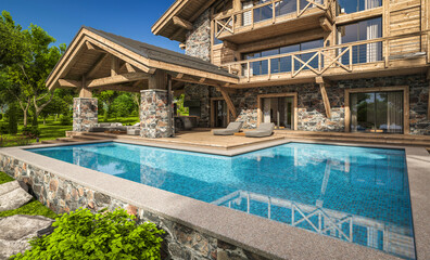 3d rendering of modern cozy chalet with pool and parking for sale or rent. Beautiful forest mountains on background. Massive timber beams columns. Clear sunny summer day with cloudless sky.
