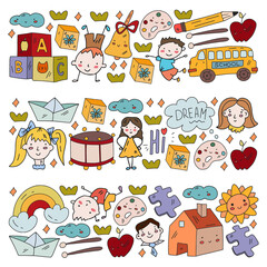 Vector pattern with school icons. E-learning, online education.