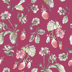 seamless floral pattern with flowers and berries. Hand painted watercolor sketch for textile, wrapping paper, interior designe. Clothes, lingerie, tablecloth, napkin shabby chic style