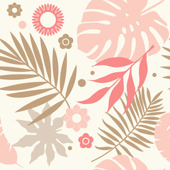 Seamless exotic pattern with tropical leaves in pastel colors. Exotic botanical background