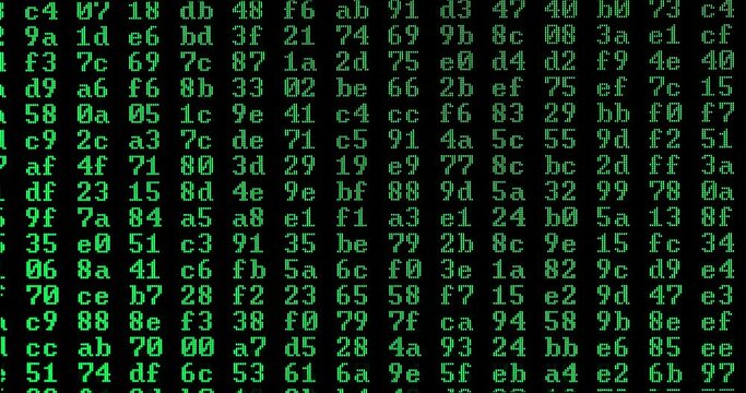 Computer code in hexadecimal on screen