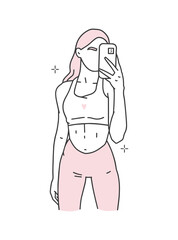 Girl takes a selfie. Sportswear, top, leggings. Slim fit, long hair. Hard fitness, bodybuilding, workouts at home. Outline drawing in a minimalistic modern style, fashion sketch. Vector illustration