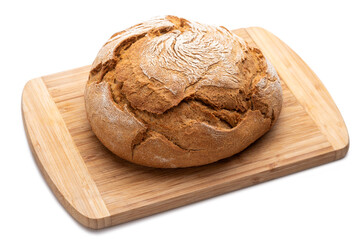 Round bread on a wooden board. Isolate on a white background.