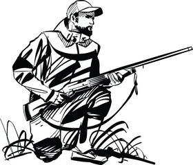 gun, silhouette, hunter, rifle, weapon, isolated, black, hunting, white, sniper, illustration,  shooting, young, person, people