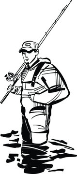 fisherman wading, holding fishing rod, black and white clip art preview