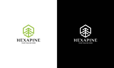 hexagon tree logo design vector template on a black and white background.