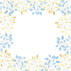 Watercolor square frame with blue and gold leaf branches on a white background. Botanical illustration for postcards, interior, fabrics
