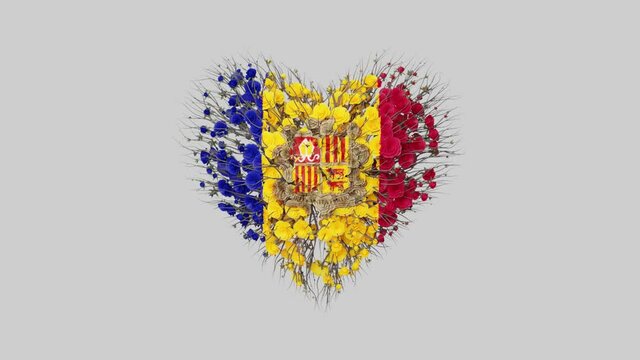 Andorra National Day. Heart animation with alpha matte. Flowers forming heart shape. 3D rendering.