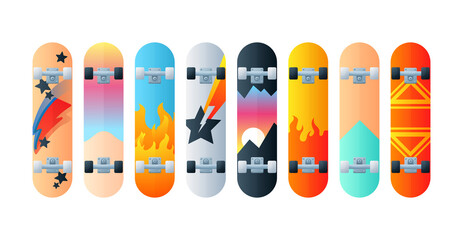 Set of bright different patterns on skateboards. Illustration of different skateboards isolated on white.
