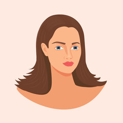 Beautiful woman portrait isolated on background. Vector Flat Illustration. The face of a pretty girl. Avatar of young woman. Portrait of woman's head and neck. Illustration of a beautiful girl face