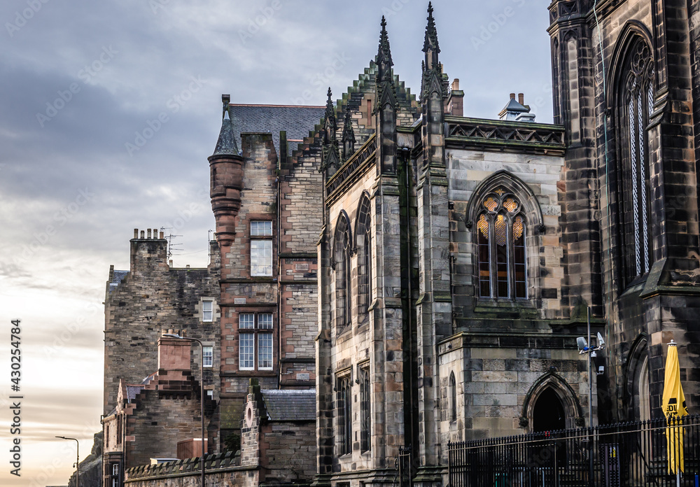 Sticker Side view of Hub building also called Tolbooth Kirk in historic part of Edinburgh city, Scotland