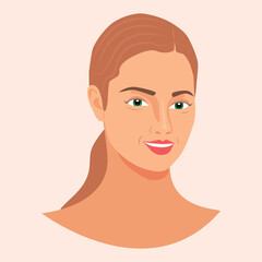 Beautiful woman portrait isolated on background. Vector Flat Illustration. The face of a pretty girl. Avatar of young woman. Portrait of woman's head and neck. Illustration of a beautiful girl face