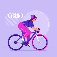 Body positive woman rides a bike. Healthy active lifestyle concept for overweight people, cardio workout, marathon. Girl in bicycle uniform. Slimming sports. Isolated flat vector illustration