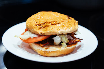 Delicious hamburger ordered from a restaurant 