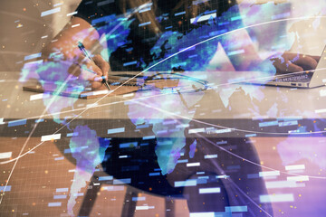 Multi exposure of woman hands working on computer and data theme hologram drawing. Tech concept.