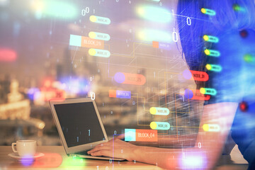 Multi exposure of woman hands working on computer and data theme hologram drawing. Tech concept.