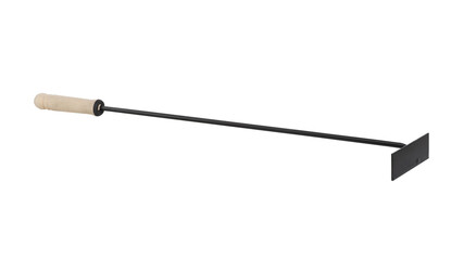 Scraper for a boiler with a wooden handle used for cleaning flat surfaces in the furnace of a solid fuel boiler from soot, removing fuel residues, helps to scoop ash from the depths of the ash pan