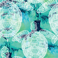 seamless pattern with sea turtles. Marine life. Doodling, mandala pattern. Drawing by hand. Stylish background. - 430257923