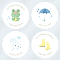 梅雨　水彩　手描き　丸カード　セット/ Hand Drawn Watercolor Cute Rainy Season Monsoon Season Circle Card Set - Vector Image