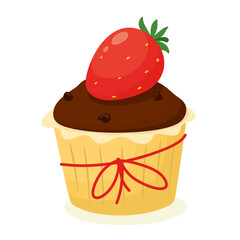 Chocolate cupcake with strawberries. Vector illustration.