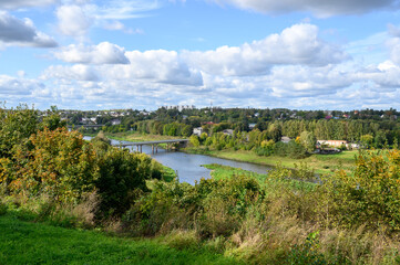 Fototapeta na wymiar View of the Vazuza River, Zubtsov, Tver region, Russian Federation, September 19, 2020