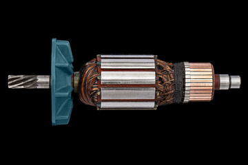 Rotor or of anchor electric motor closeup, isolated on black background