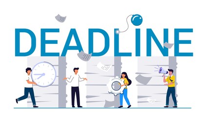 Deadline office work Stress in the office Rush work Unorganised management Deadline businessman Stressed and chaos Business Fatigue and bureaucracy vector illustration concept