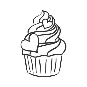 Cupcake with cream cap and heart decoration. Doodle muffin isolated on white. Line icon.