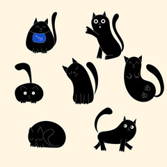 A set of funny black cats. Vector illustration