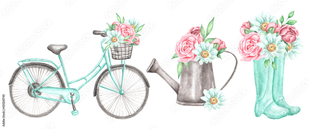 Wall mural summer watercolor set of illustrations. bicycle with basket and flowers. watering can. rubber birch 