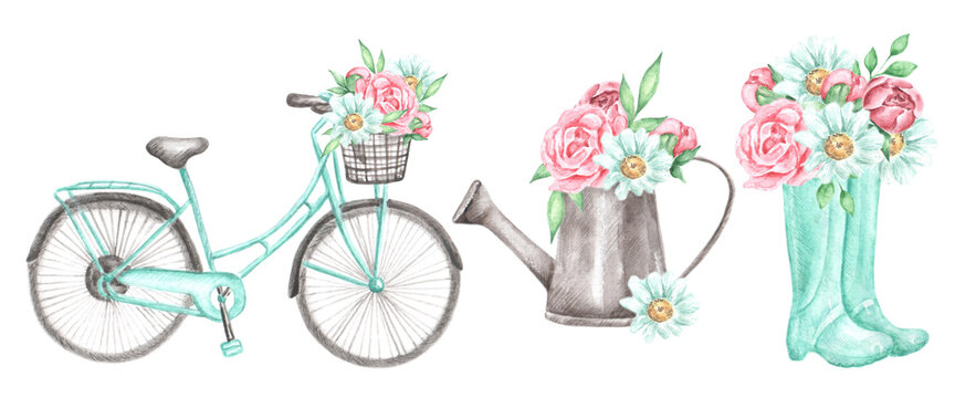 Summer watercolor set of illustrations. Bicycle with basket and flowers. Watering can. Rubber birch boots. Bouquet of flowers. Chamomile, peonies, roses, greenery. Illustrations are isolated. Print