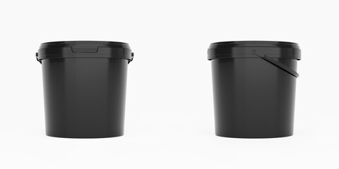 Black 1,5l plastic paint can / bucket / container with handle and no label, isolated on white background. © Adam V