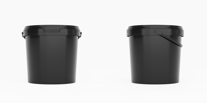 Black 1,5l plastic paint can / bucket / container with handle and no label, isolated on white background.